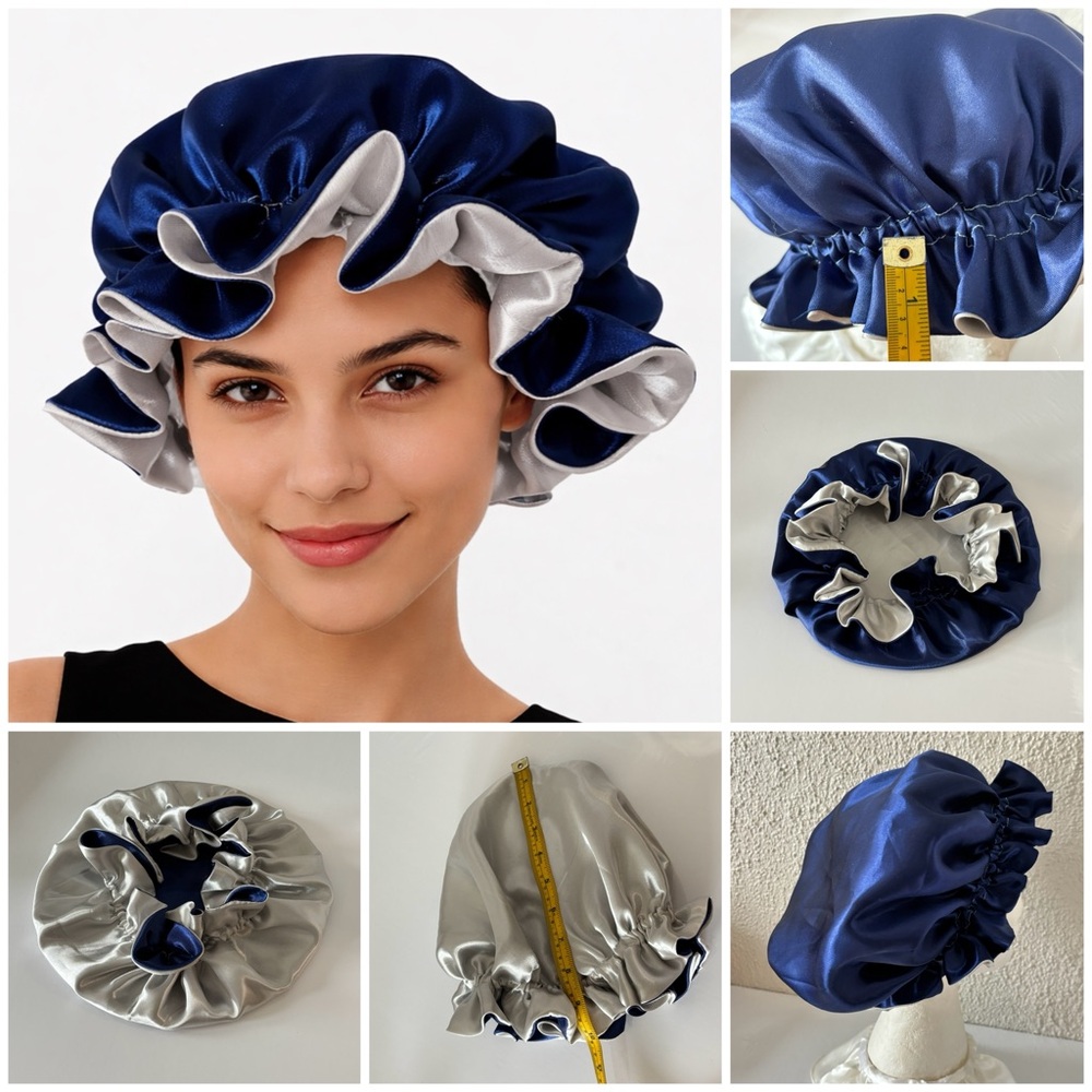 Reversible Satin Sleep Bonnet – Navy Blue & Silver – Extra Large, Elastic Fit - Picture 2 of 16